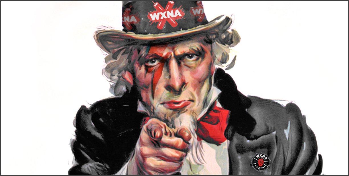 Uncle Sam wearing some sweet WXNA swag and pointing at you the reader.
